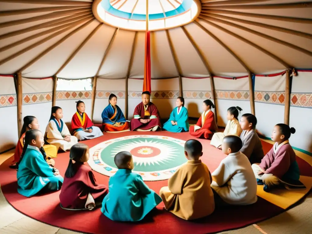 Una escena educativa en una yurta mongola, donde niños participan en una animada discusión con su maestro