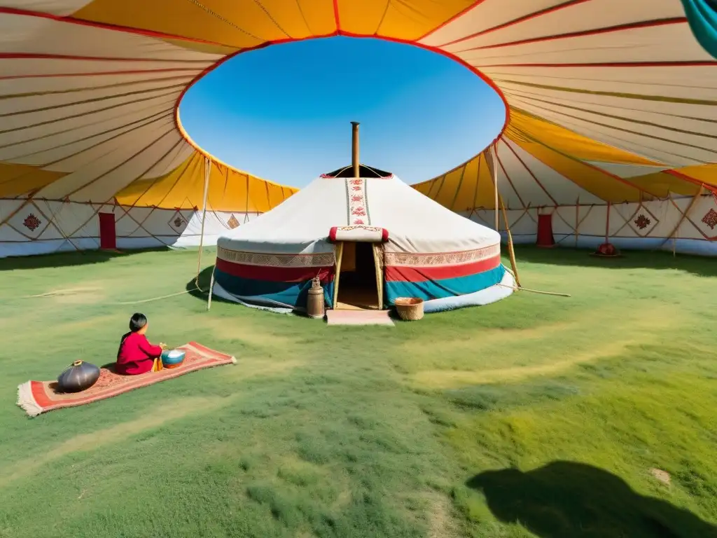 Escena de educación en el Imperio Mongol: yurta tradicional, paisaje de estepa, niños en clase al aire libre