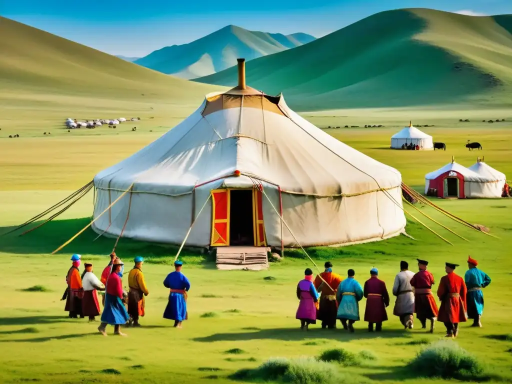 Una escena impresionante de nómadas mongoles reunidos alrededor de una tradicional ger en la vasta estepa mongol