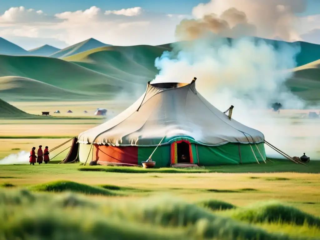 Una escena impresionante de una yurta mongola tradicional en las praderas, con chefs preparando recetas tradicionales de cocina mongola