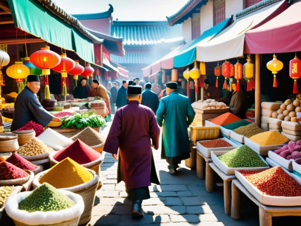 Escena de mercado vibrante y bulliciosa en el corazón del Imperio Mongol, reflejando un intenso intercambio cultural y comercial