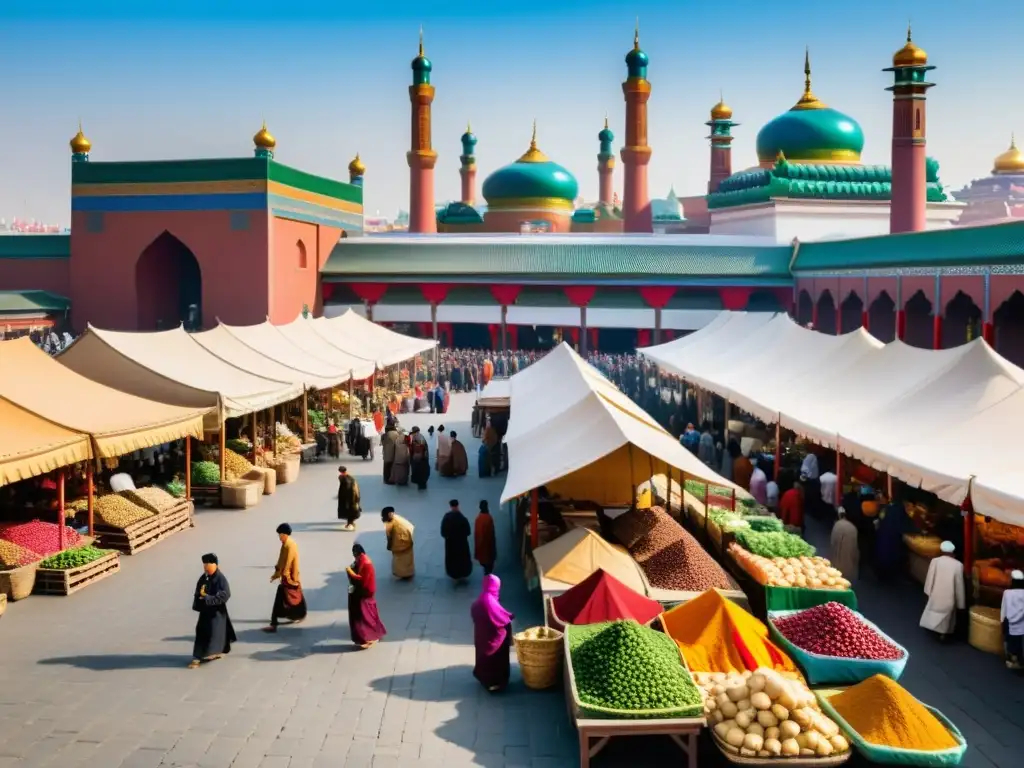 Escena de mercado vibrante bajo el Imperio Mongol, mostrando tolerancia religiosa y diversidad cultural