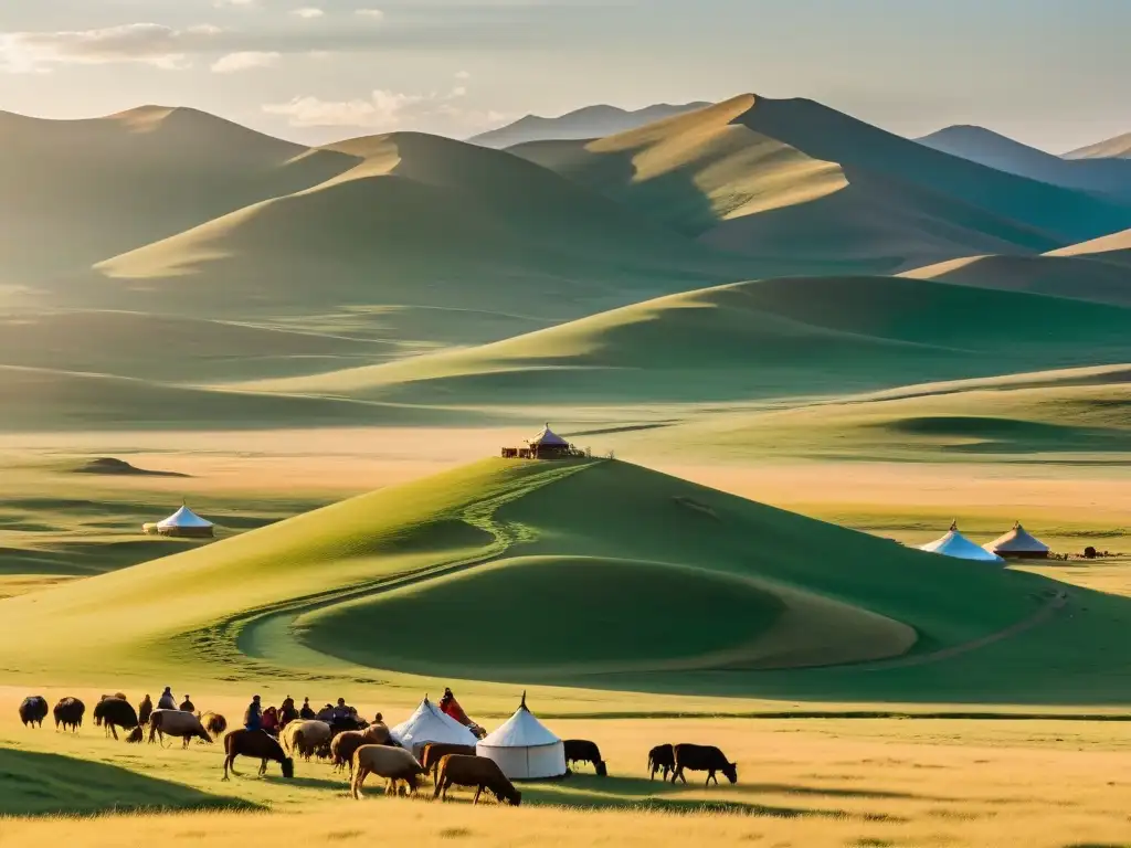 Una escena serena en las vastas praderas de Mongolia, donde una familia nómada cuida su ganado