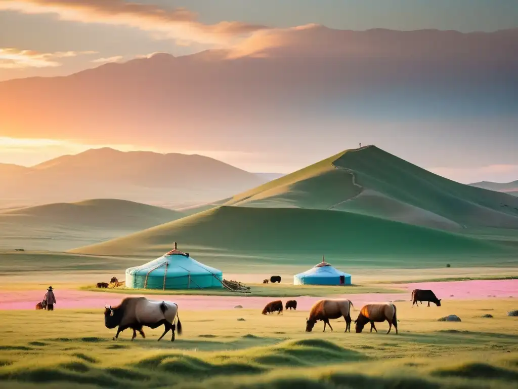 Una escena tranquila del paisaje mongol con yurtas, rebaños y pastores nómadas, iluminada por el cálido atardecer