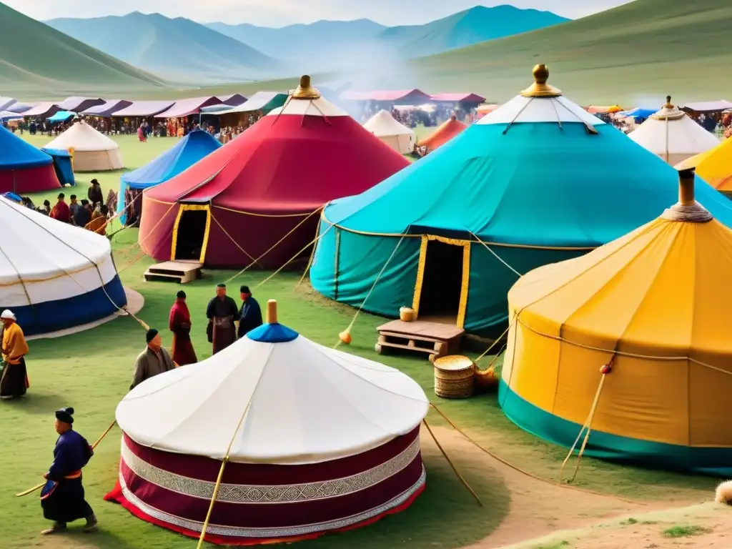 Escena vibrante de un bullicioso mercado en la antigua Mongolia, con intercambios culturales en Asia mongola