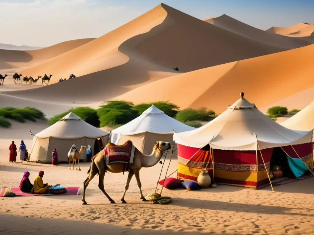 Escena vibrante en un bullicioso mercado del oasis del desierto, con influencia en las redes de comercio mongol