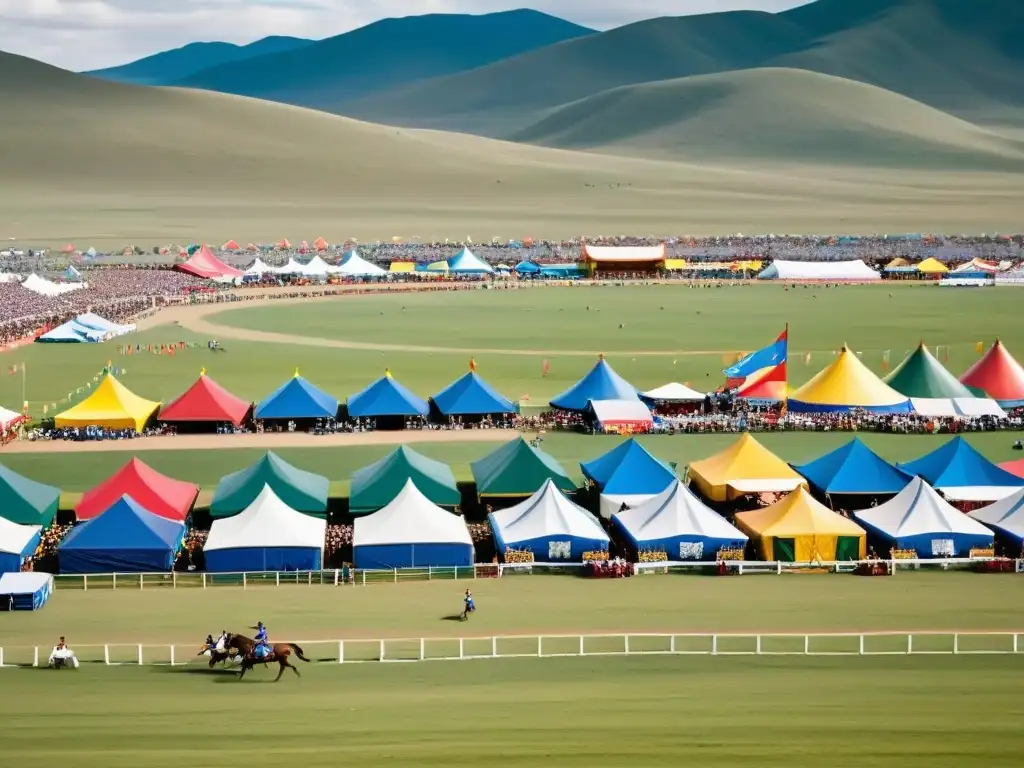 Escena vibrante del Festival Naadam en Mongolia, con atletas en competencia y espectadores animados, capturando la rica cultura mongola