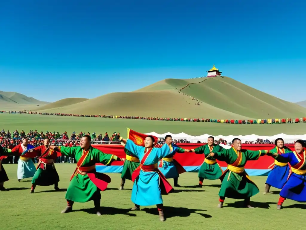 Escena vibrante del festival Naadam en Mongolia, con luchas tradicionales y multitud animada