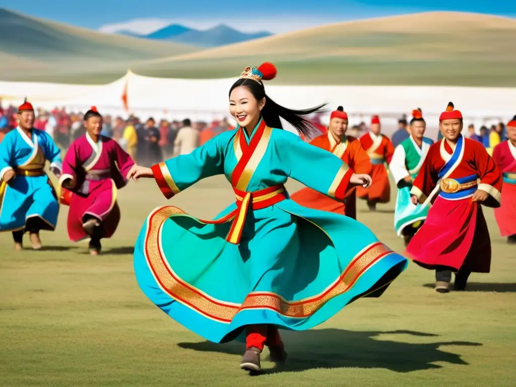 Escena vibrante de un festival mongol con trajes tradicionales coloridos, música animada y juegos tradicionales en las vastas estepas