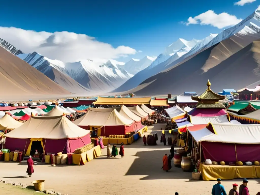 Escena vibrante de un mercado en un puesto de comercio del Imperio Mongol, con influencia cultural entre Tibet y Mongolia