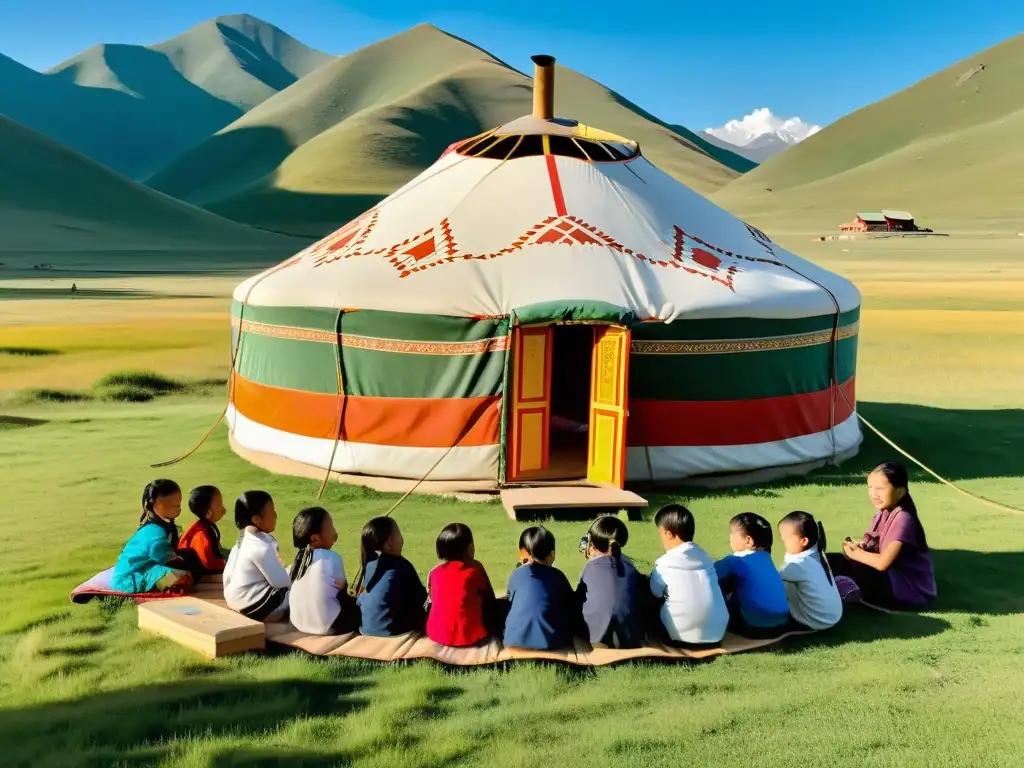 Escuela en yurta mongola: niños aprendiendo en un entorno cultural único con paisaje de Mongolia al fondo