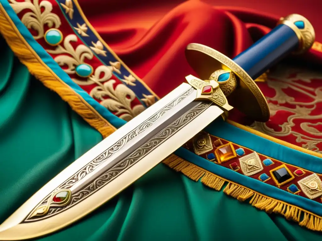 Una espada ceremonial mongola ricamente ornamentada, con gemas preciosas y grabados detallados que representan la diplomacia y las alianzas estratégicas de Mongolia, en un ambiente cálido y lleno de historia