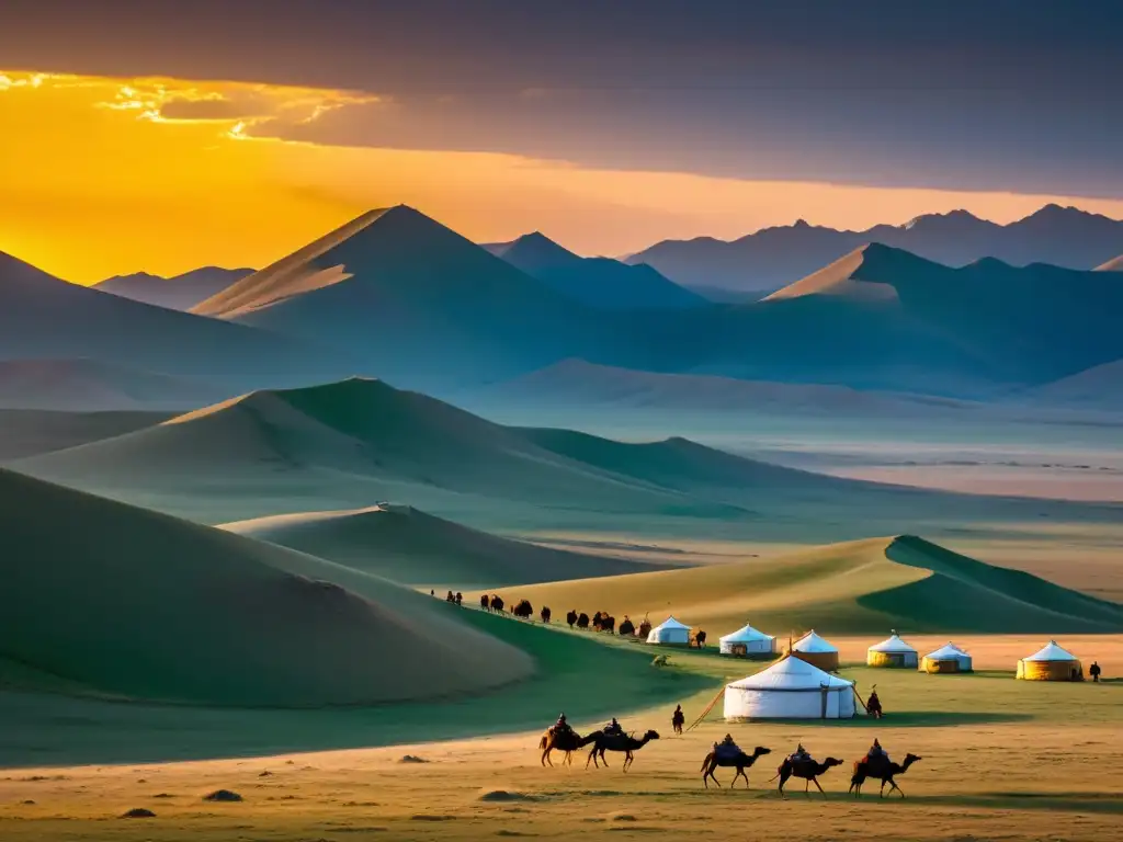 Espectacular atardecer dorado sobre la vasta estepa mongol, con yurtas nómadas y caravana de camellos