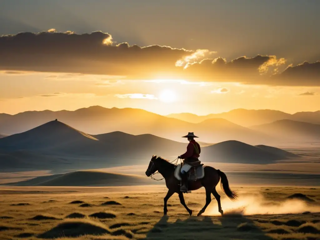 Espectacular atardecer en la estepa de Mongolia con jinete solitario y yurtas blancas, evocando el legado del Imperio de Genghis Khan