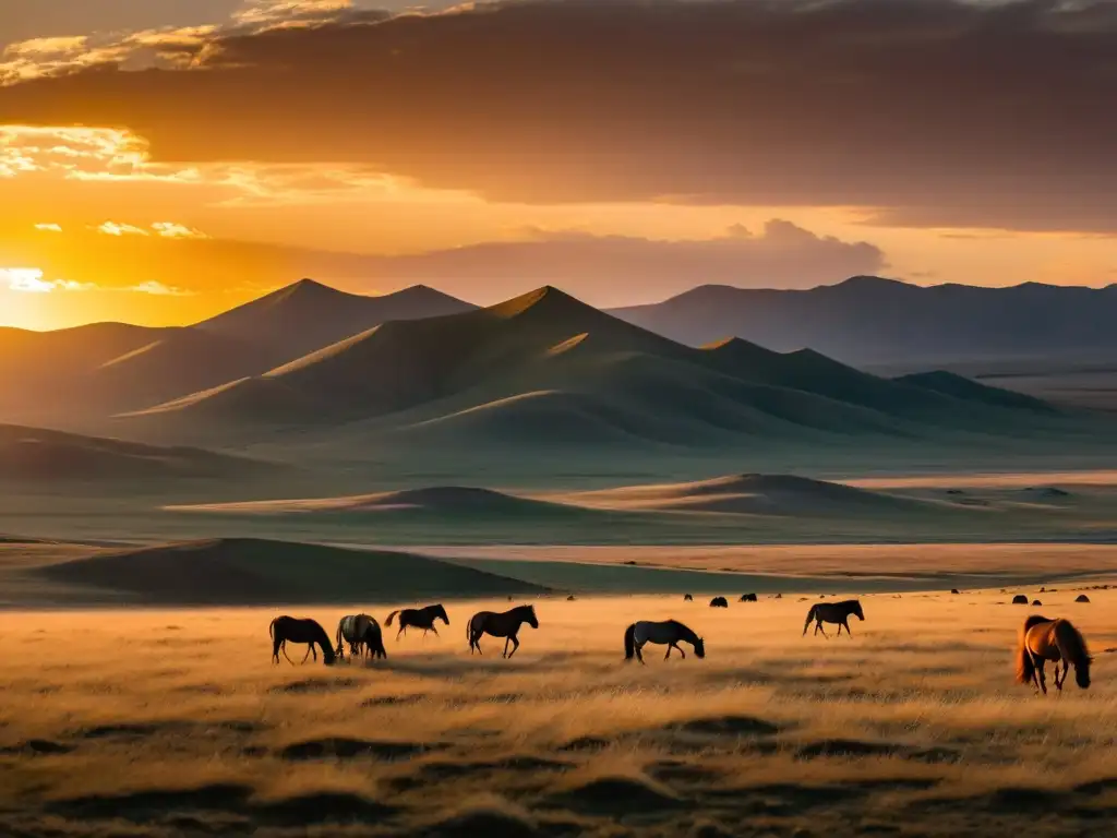 Espectacular atardecer sobre la vasta estepa mongol