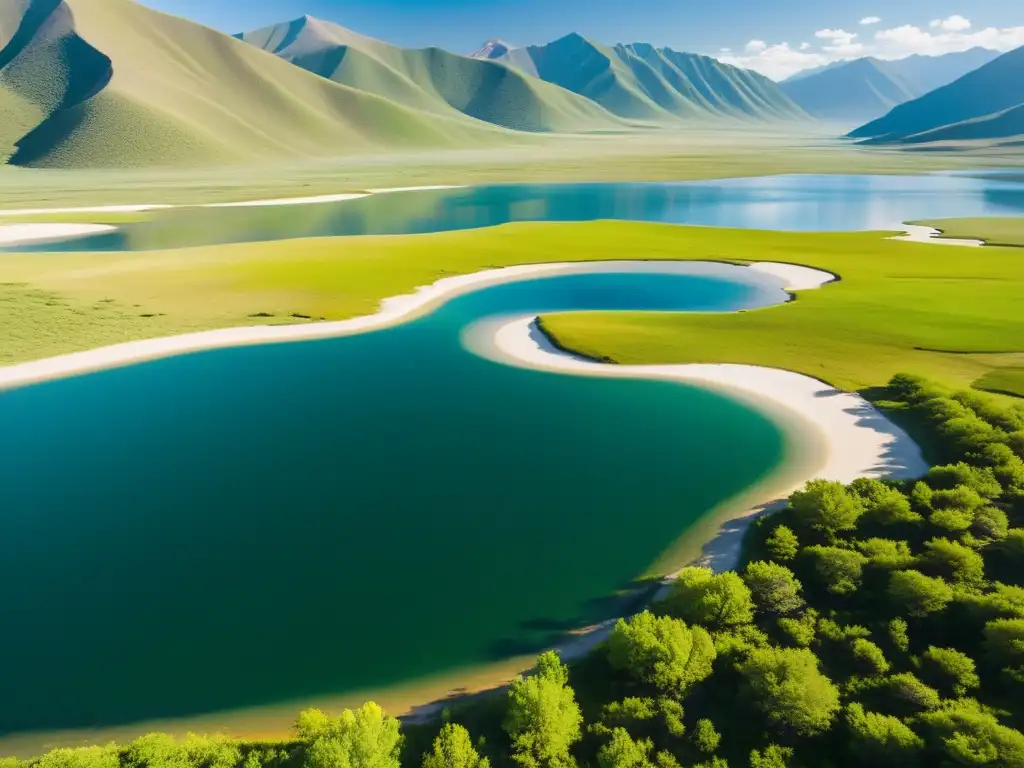 Espectacular lago de Mongolia rodeado de naturaleza exuberante y yurtas, reflejando la conservación de ríos y lagos Mongolia