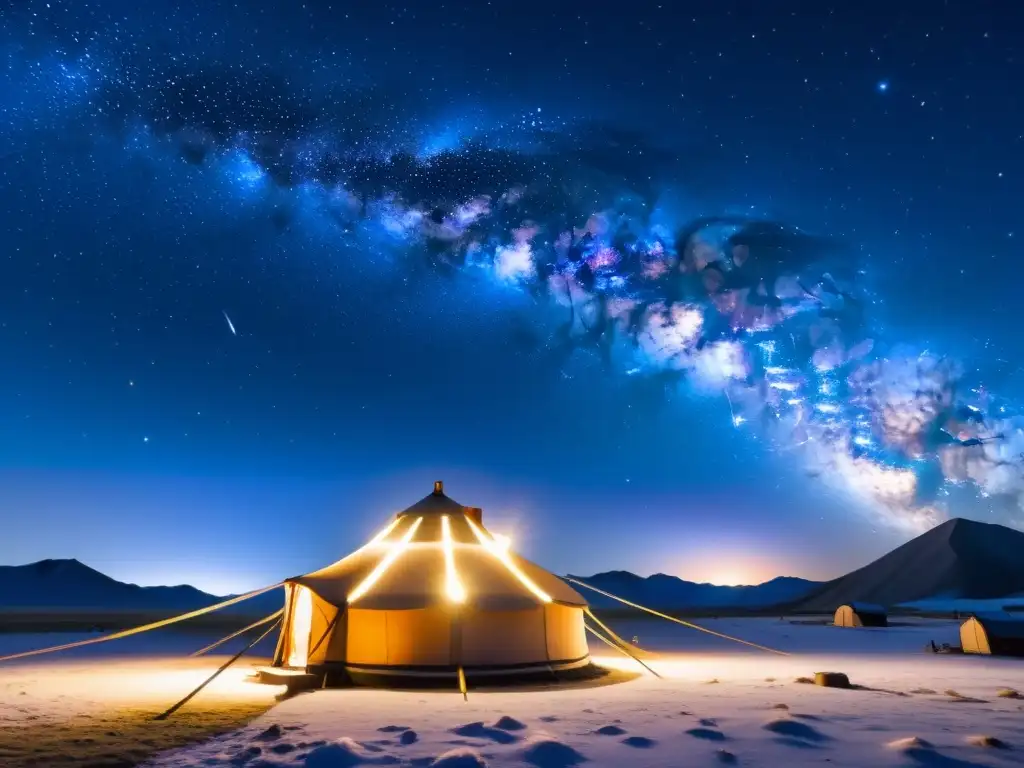 Espectacular noche estrellada en Mongolia, con yurtas iluminadas y gente observando el firmamento