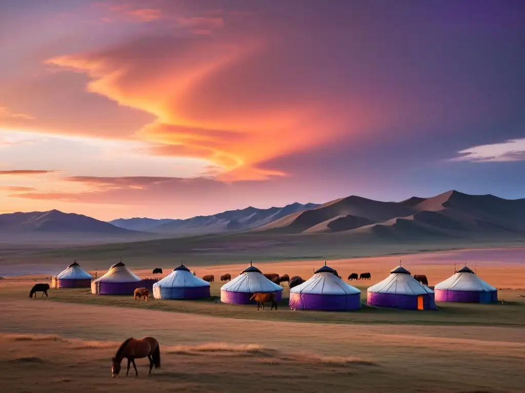 Espectacular paisaje de las estepas de Mongolia al atardecer, con yurtas y caballos