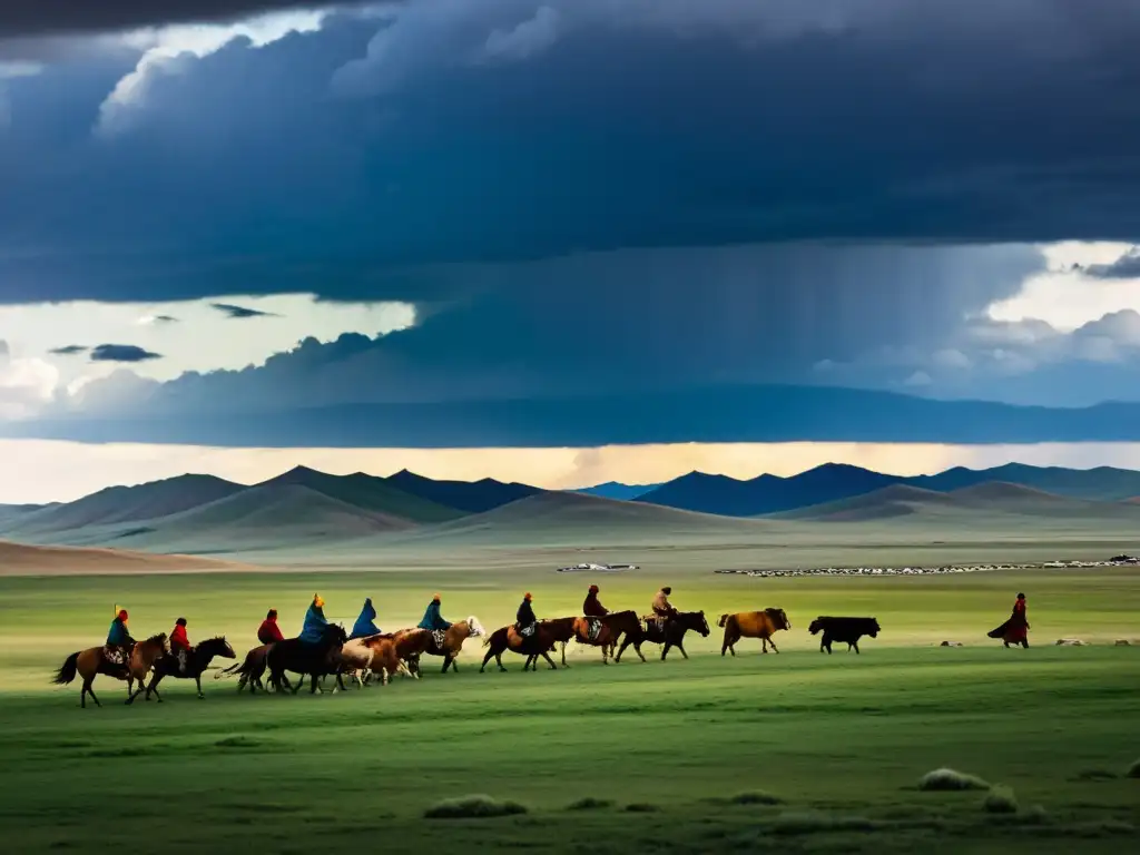 Espectacular paisaje de estepa mongol con el Monasterio de Erdene Zuu en la distancia y una familia nómada cuidando su ganado