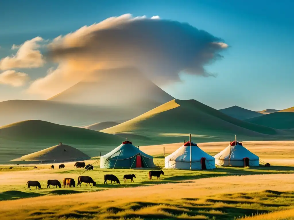 Espectacular paisaje de la estepa mongol con yurtas nómadas, caballos y montañas nevadas, evocando el legado de Sorghaghtani Beki y los Khanes