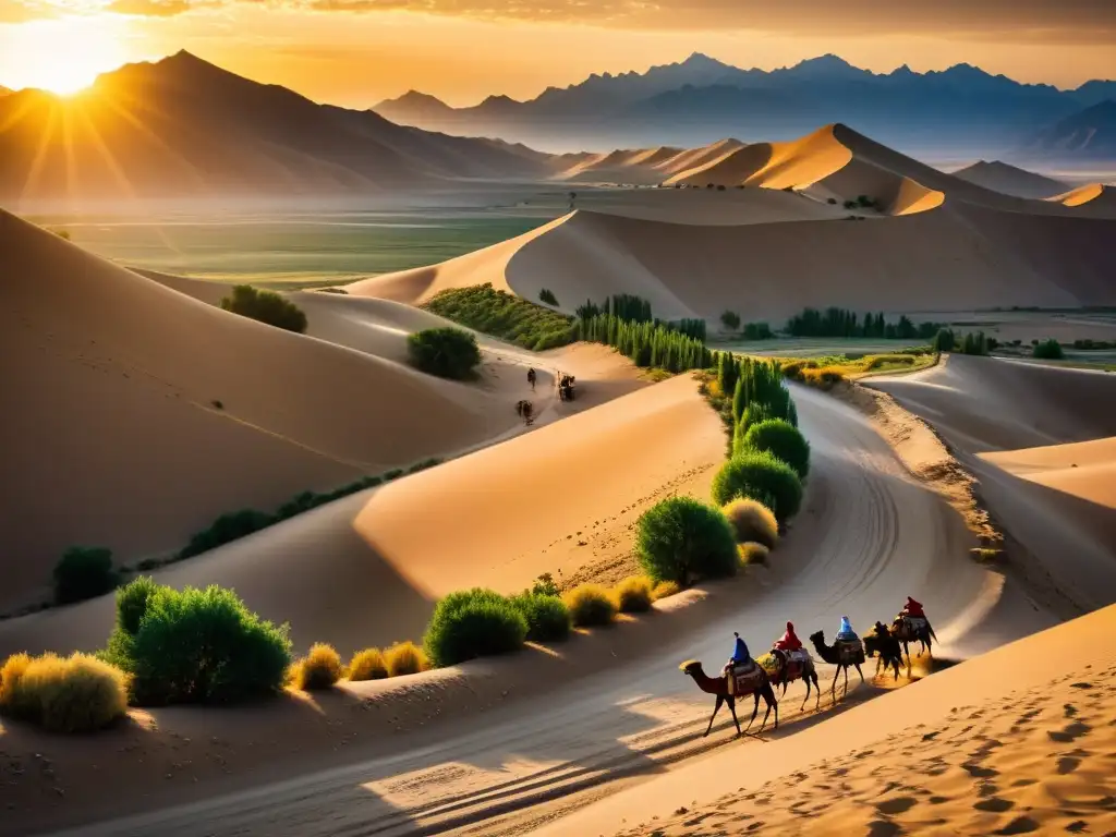 Espectacular vista de la antigua Ruta de la Seda en Asia Central, con caravanas de camellos y comerciantes bajo el sol poniente