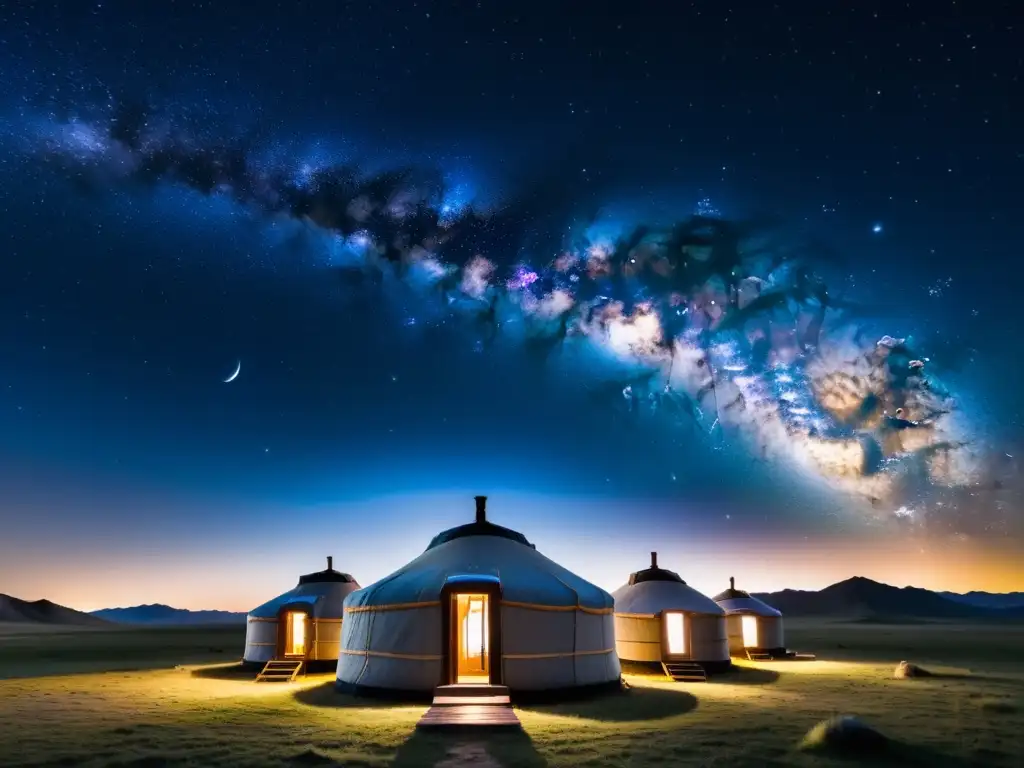 Espectacular vista del cielo nocturno de Mongolia, con la Vía Láctea sobre las estepas yurtas añadiendo contexto a la astronomía en la cultura mongola