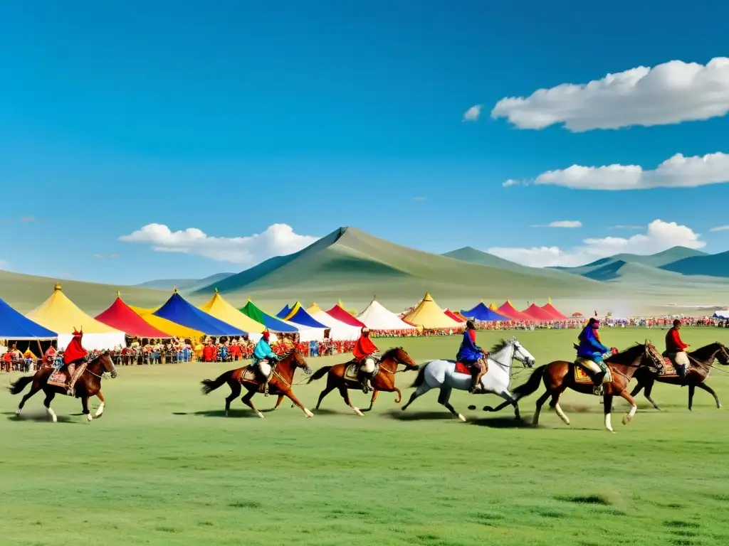 Espectacular vista panorámica del Festival Naadam en Mongolia, donde tradición y modernidad se entrelazan en un escenario impresionante