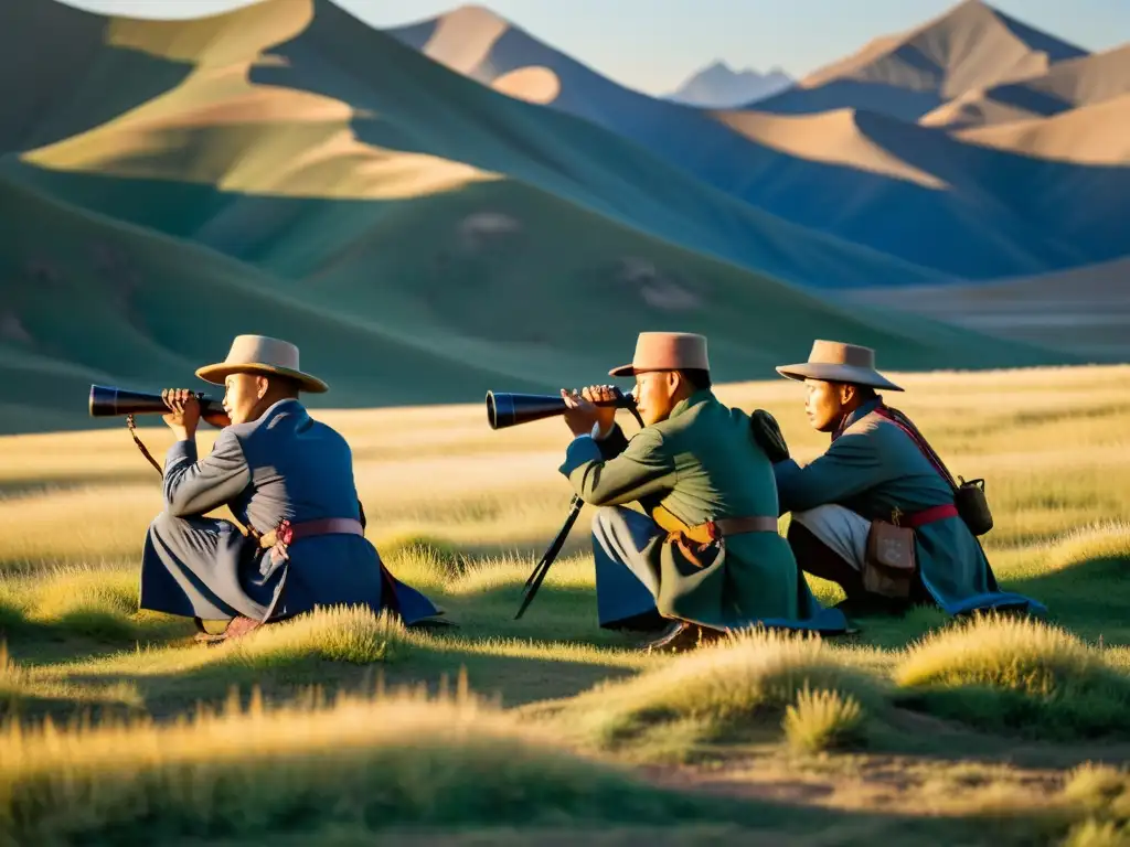 Espías mongoles ocultos en la hierba, observando un campamento enemigo al atardecer