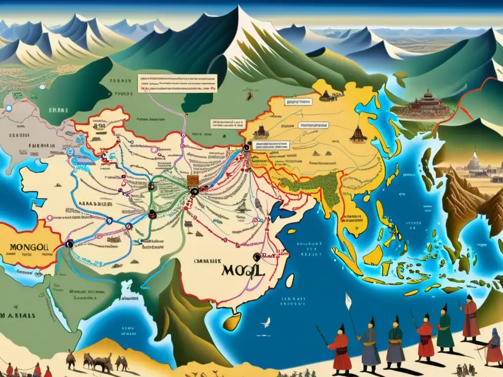 Espionaje en el Imperio Mongol: Detallada imagen del vasto imperio mongol, con una compleja red de espías y diplomáticos en acción