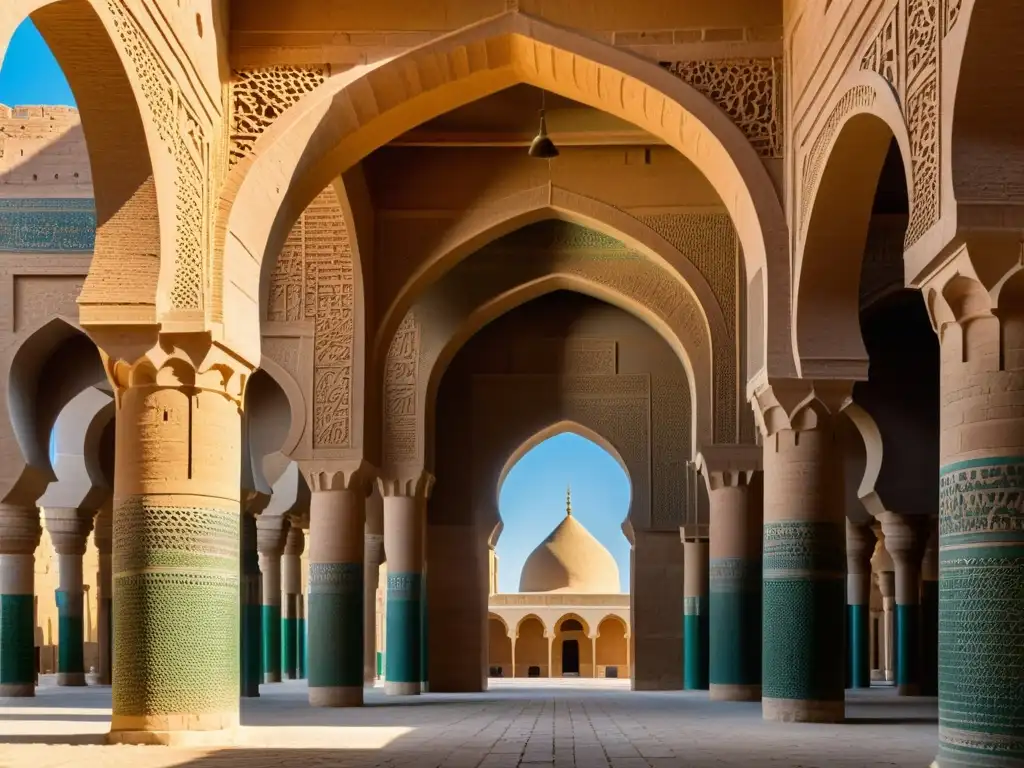 Espléndida arquitectura Khanes del Imperio Mongol en la Gran Mezquita de Samarra, con sombras dramáticas y texturas desgastadas