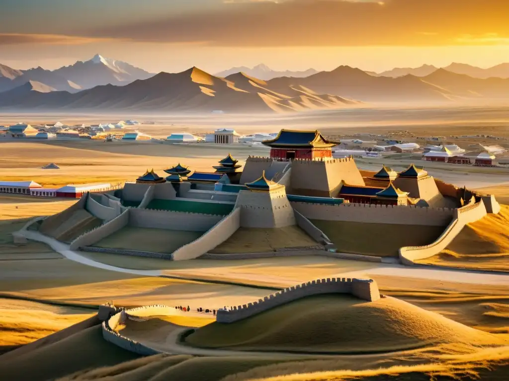 Espléndida arquitectura Khanes Imperio Mongol en Karakorum, bañada por la cálida luz del atardecer y contemplada por una figura solitaria