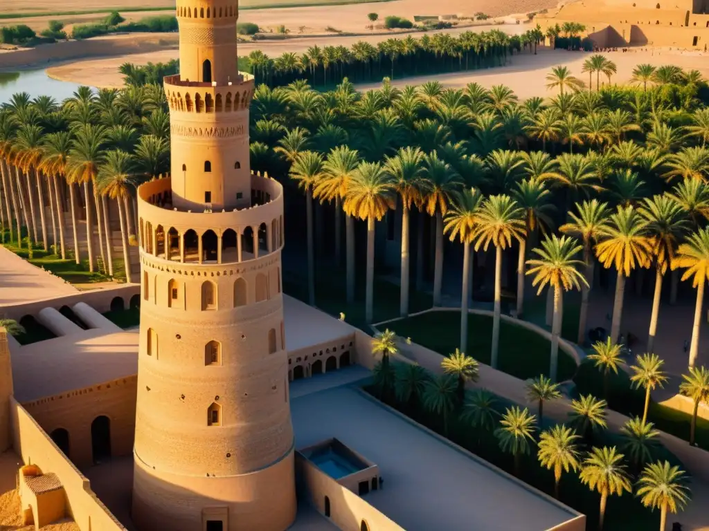 Espléndida vista de la Gran Mezquita de Samarra, destacando el minarete espiral rodeado de palmeras, bañado en luz dorada al atardecer