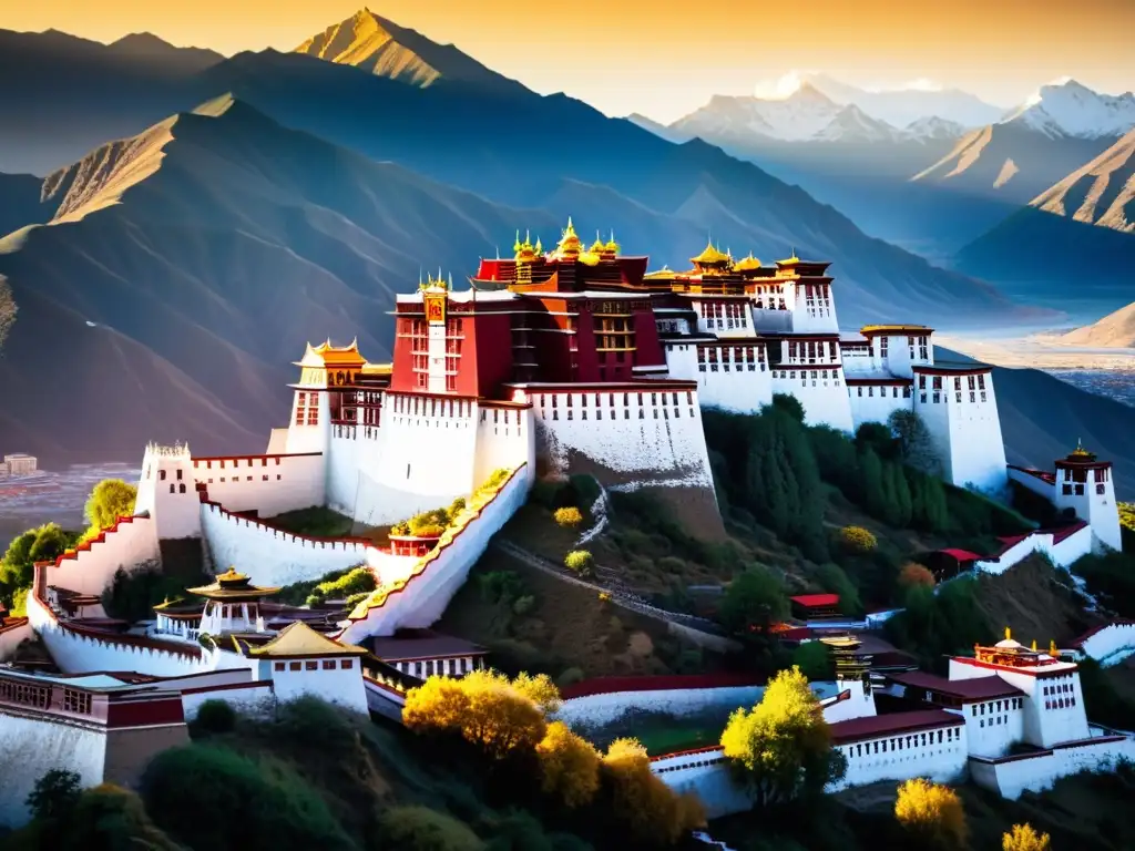 Espléndido amanecer en el Palacio Potala de Lhasa, Tibet, destacando la arquitectura mongola en el Tíbet y su entorno sereno