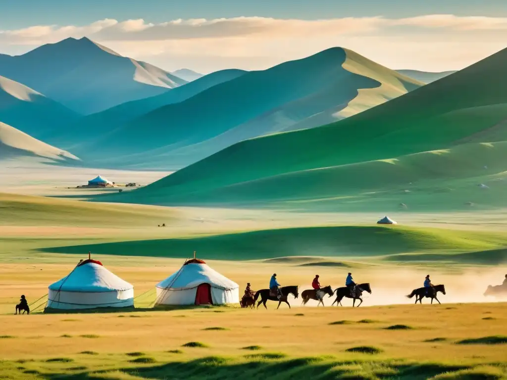 Esplendor de la estepa mongol con familia nómada a caballo y sus rebaños