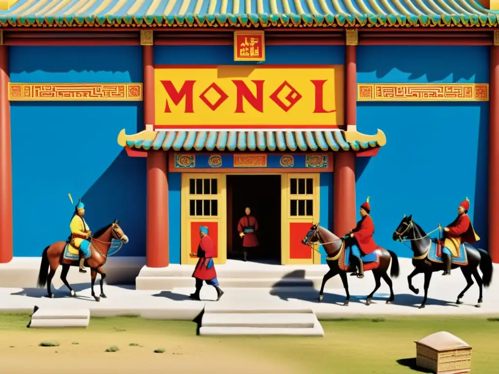 Una estación postal del imperio mongol: arquitectura detallada, actividad bulliciosa y colores vibrantes