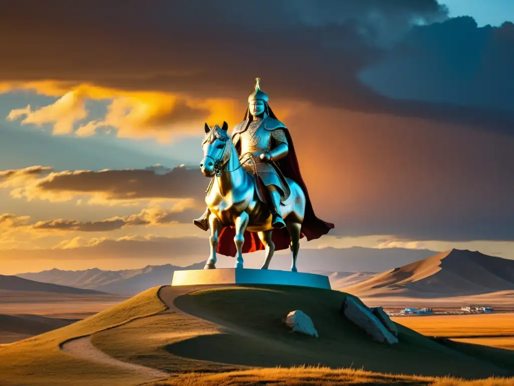 Estatua de Genghis Khan domina la estepa mongola al atardecer, destacando la influencia del Imperio Mongol