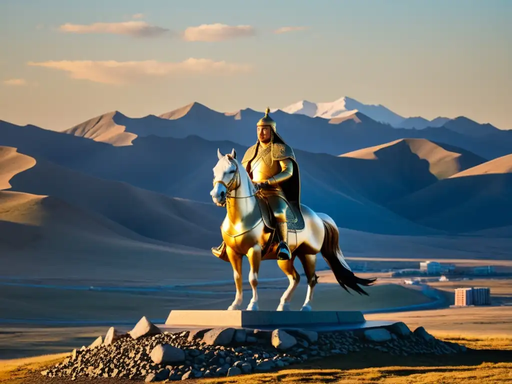 Estátua de Genghis Khan a caballo en la estepa mongola al atardecer, evocando su grandiosidad histórica y su presencia imponente