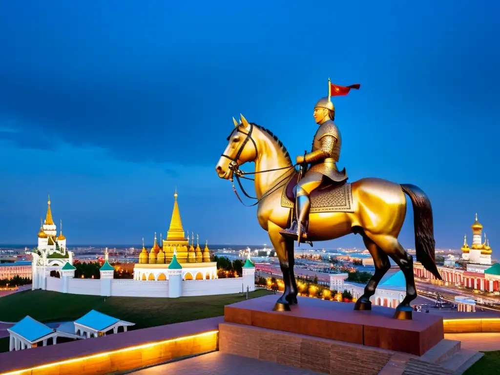 Estatua detallada de Khan Batu sobre Kazan, Rusia, evocando el legado del Imperio Mongol en Rusia, bañada en cálida luz vespertina