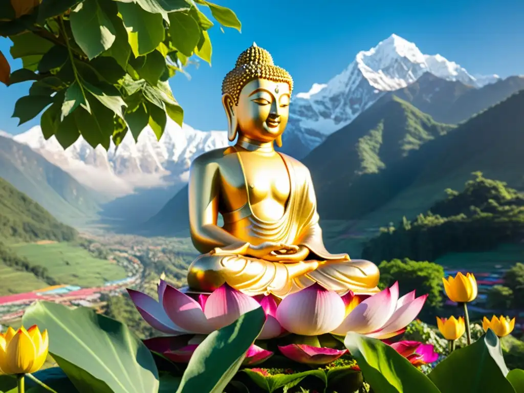 Estatua dorada de Buda en un paisaje sereno con monjes y montañas nevadas