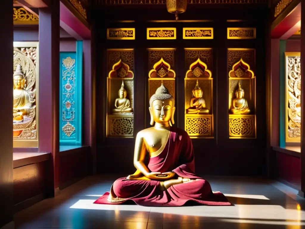 Una estatua dorada de Buda en meditación, rodeada de detalles tallados y adornada con coloridos pañuelos de seda, en un templo iluminado