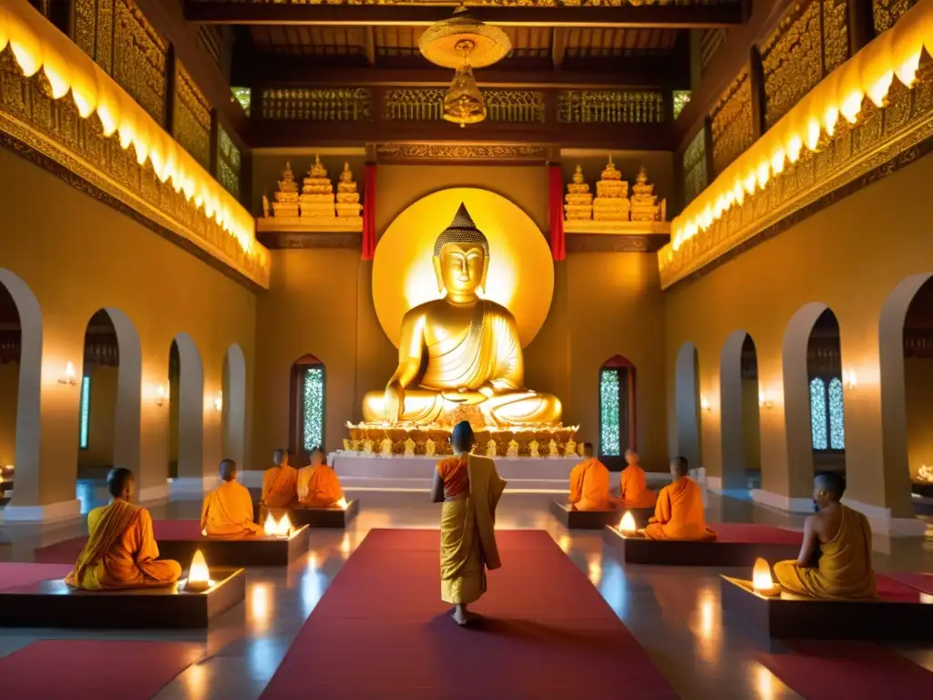 Estatua dorada de Buda en templo mongol, oraciones y murales iluminados por velas y aroma de incienso