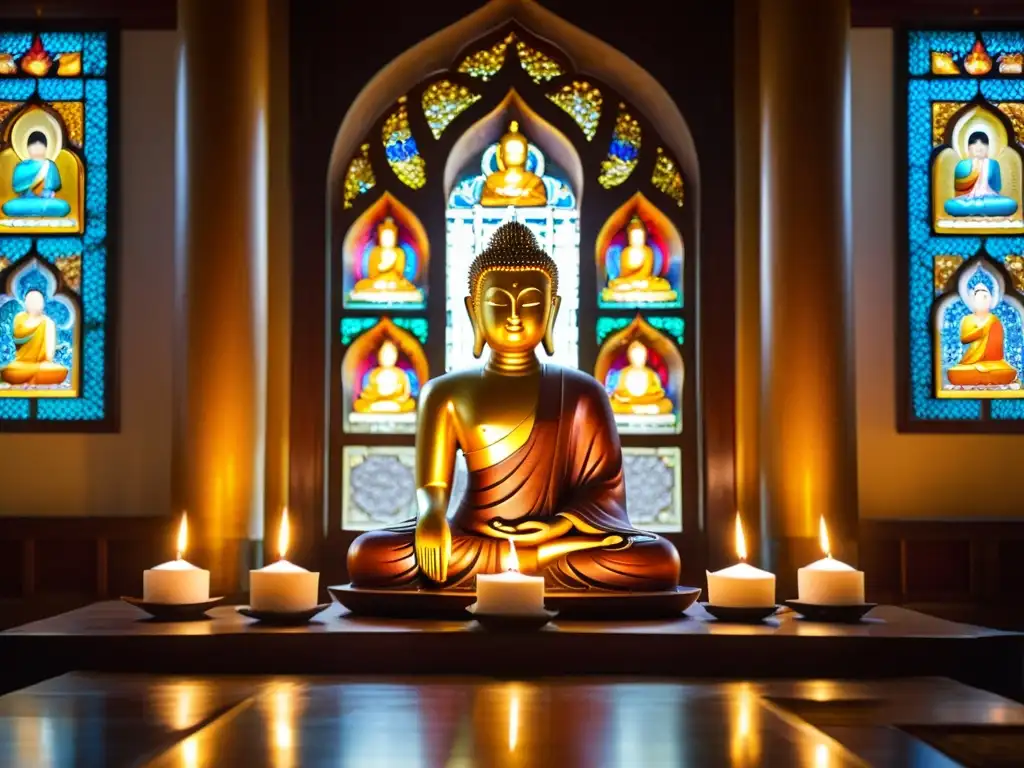 Estatua dorada de Buda en templo mongol, rodeada de monjes y atmósfera espiritual