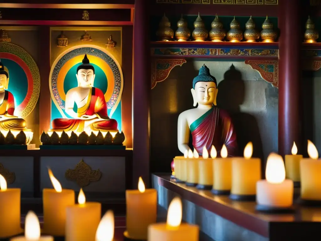 Estatua de Buda iluminada por lámparas de mantequilla, en un templo con murales detallados que retratan el Budismo en la corte mongola