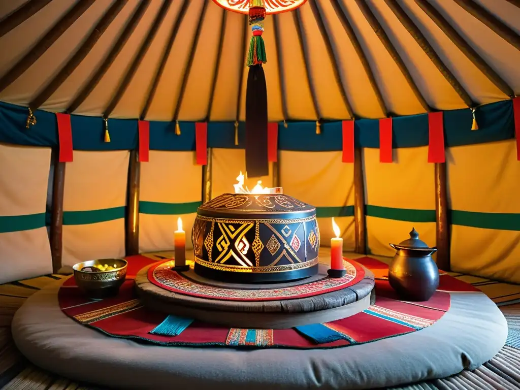 Estatua de madera tallada con ofrendas en un altar mongol, iluminada por velas