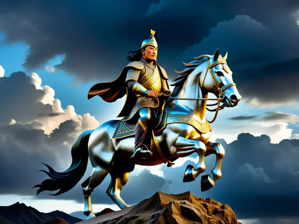 Estatua de Genghis Khan en paisaje dramático, evocando su liderazgo