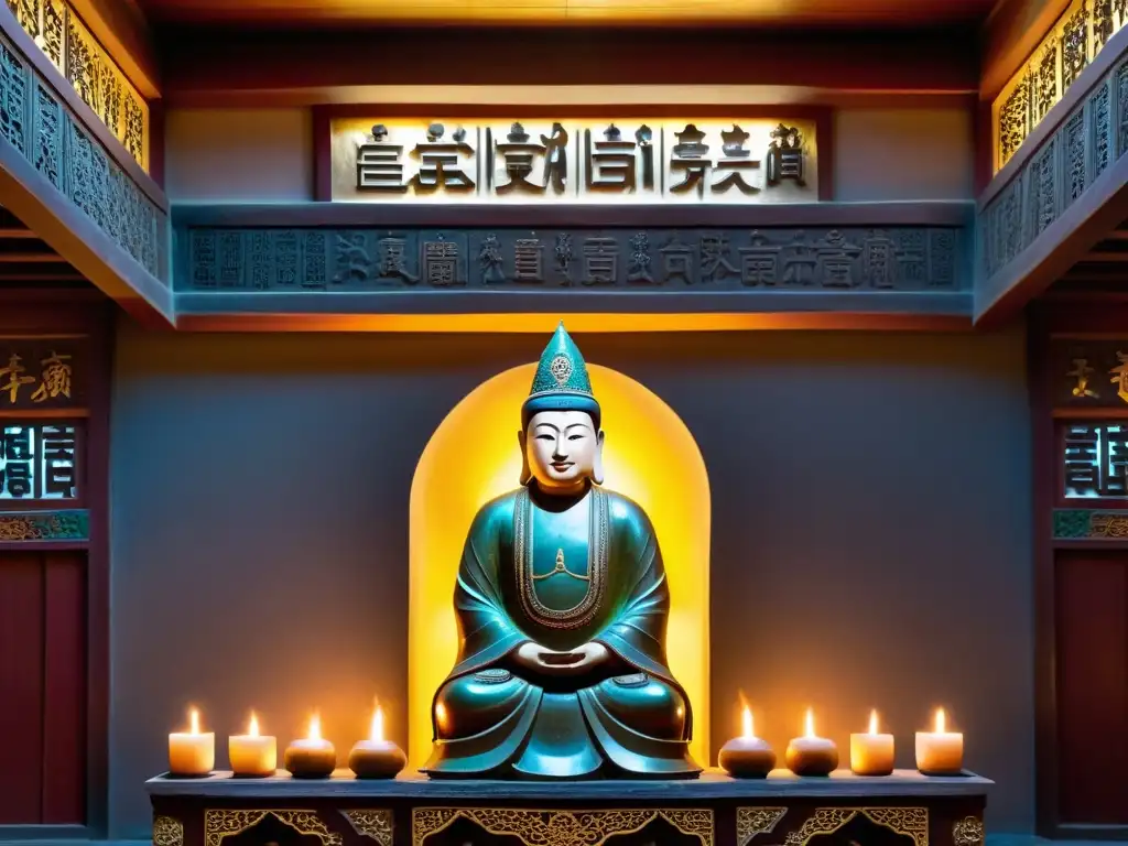 Estatua religiosa mongol en templo iluminado por velas, devotos rezando