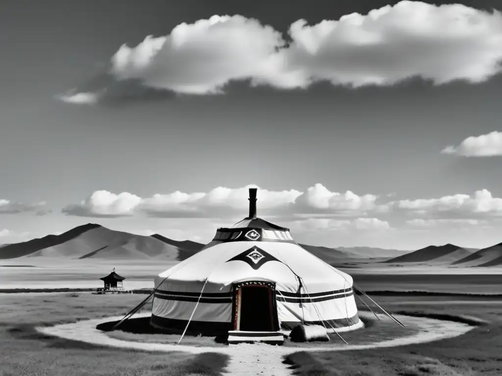 Una yurta mongola en las estepas, junto a una pagoda china