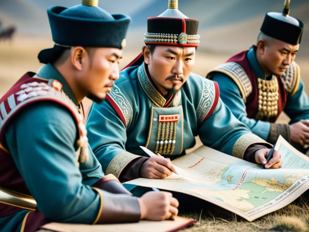 Un estratega militar mongol estudia un mapa, rodeado de soldados y asesores