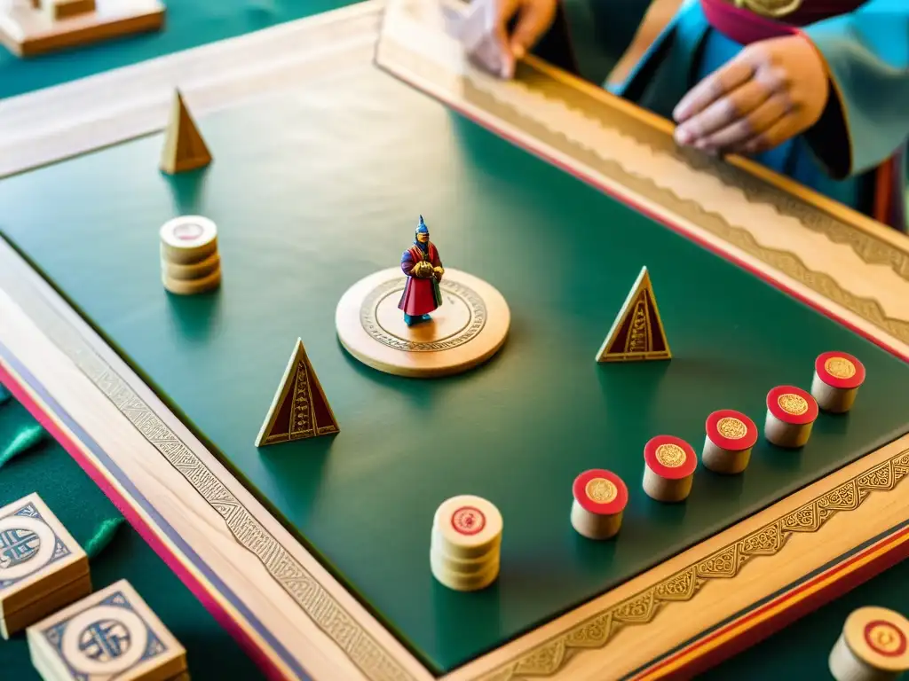 Dos estrategas mongoles compiten en un juego de mesa tradicional, con piezas de madera tallada y un tablero detallado, en la estepa de Mongolia