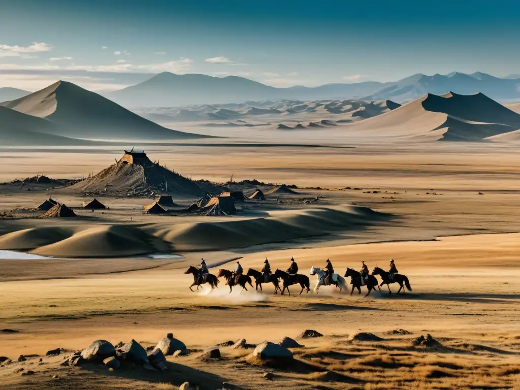 Estrategia tierra quemada: paisaje mongol desolador con ruinas y soldados a caballo